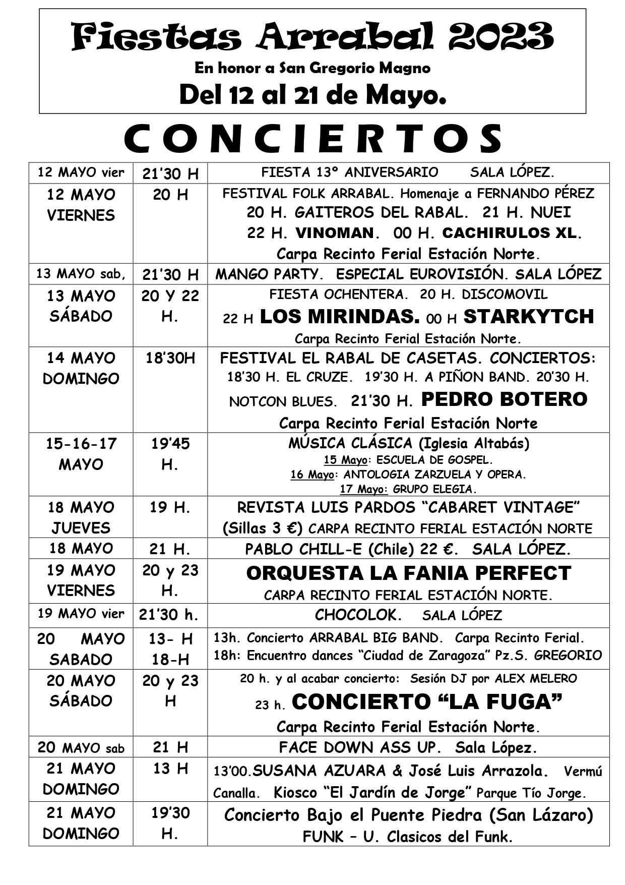 Cartel de conciertos confirmados en el programa de las Fiestas del Arrabal 2023