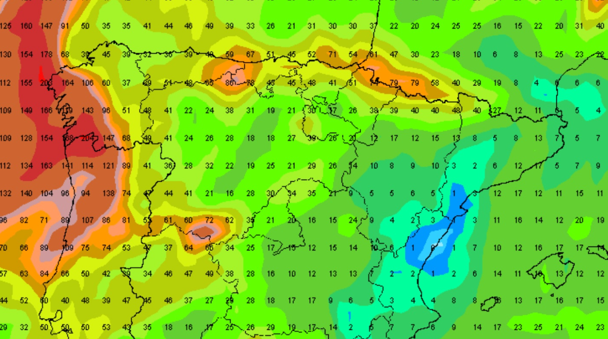 Mapa de precipitación previsto para las próximas jornadas en España.