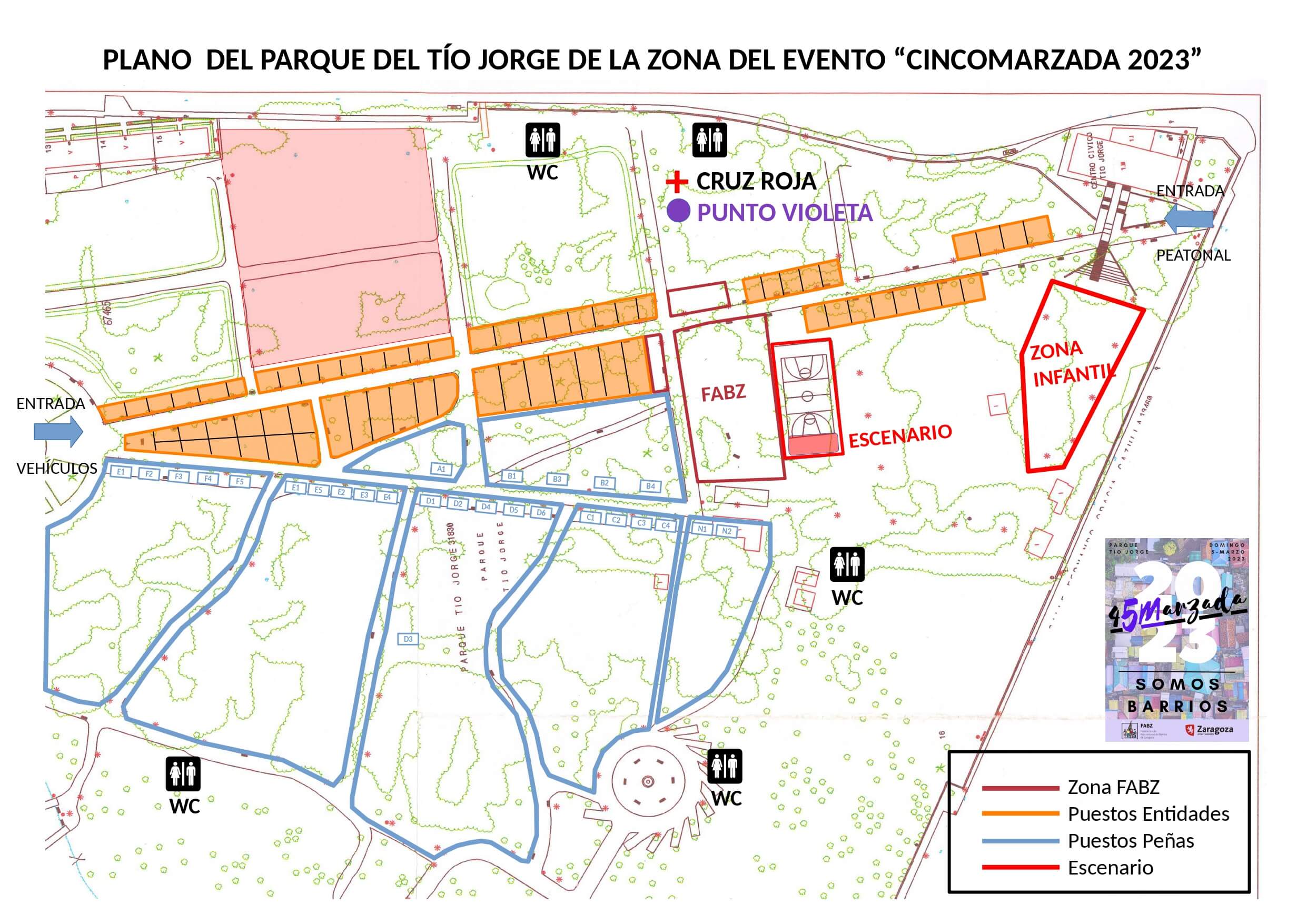 Plano del Parque Tío Jorge durante la Cincomarzada 2023. 